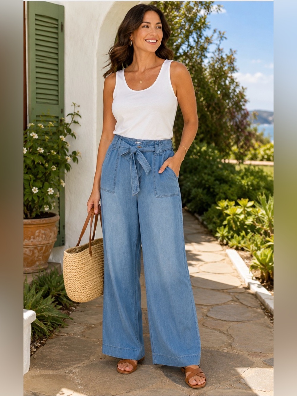 NWT Cato EST 1946 Wide Leg Chambray Denim Pants Size 14 High Rise Tie Waist